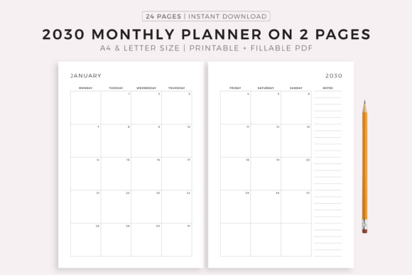 Download 2030 Monthly Planner on Two Pages - 2030 Collection
