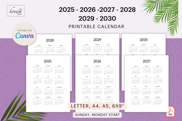 Download Canva Calendar 2025-2030 Printable - 2030 Collection